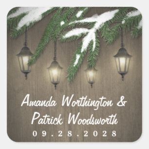 Rustic Snow Evergreen Lantern Wedding Favour Square Sticker