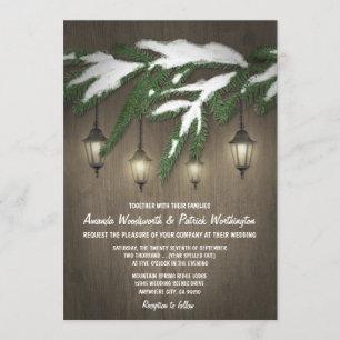 Rustic Snow Evergreen Lantern Wedding Invitations