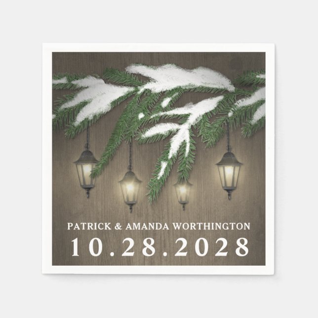 Rustic Snow Evergreen Lantern Wedding Napkins (Front)