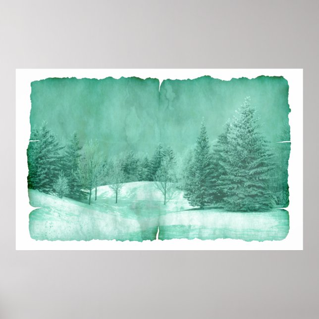 Rustic snow evergreen winter scene on parchment poster (Front)