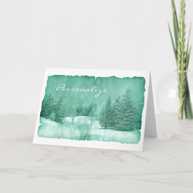 Rustic snow evergreen winter scene parchment card (Front)
