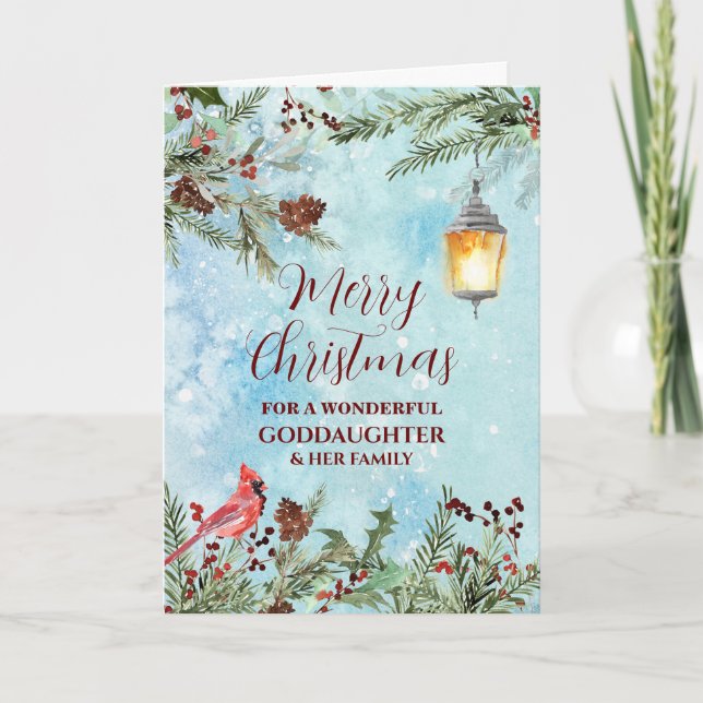 Rustic Snow Goddaughter & Family Merry Christmas Card (Front)