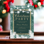 Rustic snow green Christmas pine string lights Invitation<br><div class="desc">A rustic winter Christmas party with snowflakes illustration,  white string lights  with white pine tree branches on country wood background on dark green with an elegant script typography.</div>