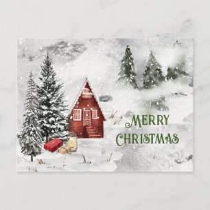 Rustic Snow Mountain Cabin Christmas Tree Postcard