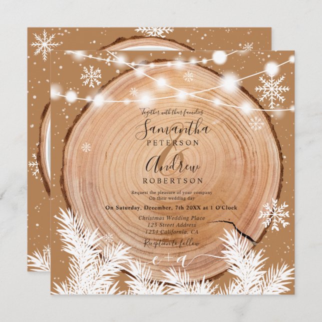 Rustic snow wood log boho Christmas photo wedding Invitation (Front/Back)