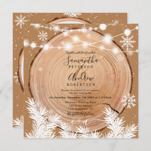 Rustic snow wood log boho Christmas photo wedding Invitation