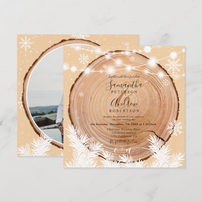 Rustic snow wood log light Christmas photo wedding Invitation (Front/Back)