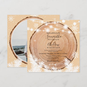 Rustic snow wood log light Christmas photo wedding Invitation