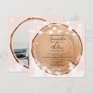 Rustic snow wood log pink Christmas photo wedding  Invitation