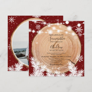 Rustic snow wood log red Christmas photo wedding Invitation