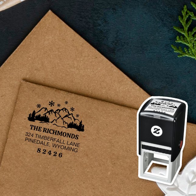 Rustic Snowfall Mountains & Pine Return Address Self-inking Stamp (Creator Uploaded)