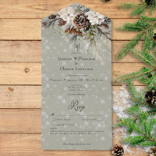 Rustic Snowfall Pine & White Floral Sage Details All In One Invitation