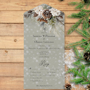 Rustic Snowfall Pine & White Floral Sage Dinner All In One Invitation