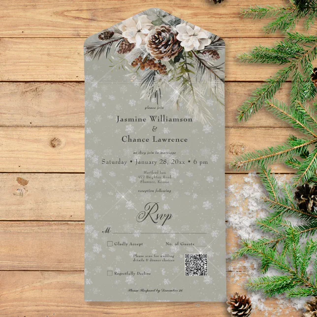 Rustic Snowfall Pine & White Floral Sage QR Code All In One Invitation ...