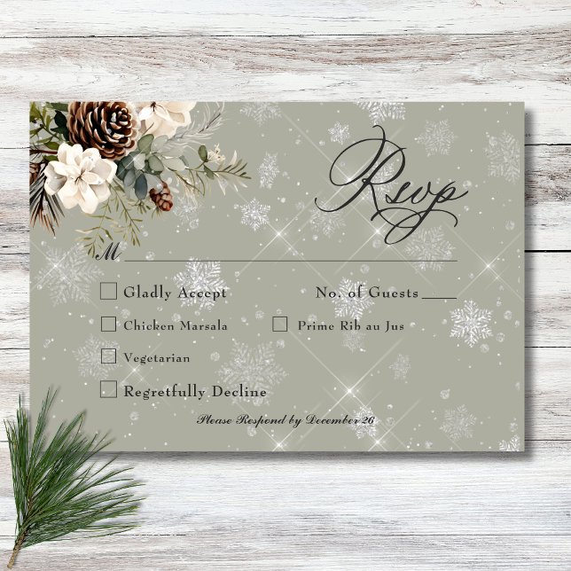 Rustic Snowfall Pine & White Floral Sage Wedding RSVP Card (Rustic Snowfall Pine & White Floral Sage Wedding RSVP Card)