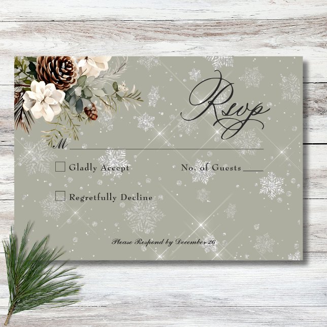 Rustic Snowfall Pine & White Floral Sage Wedding RSVP Card (Rustic Snowfall Pine & White Floral Sage Wedding RSVP Card)