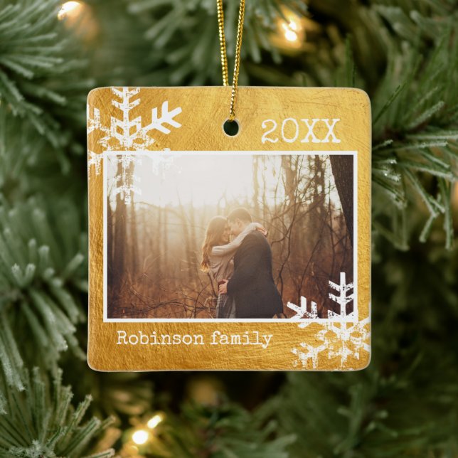 Rustic Snowflake Family Gold Ceramic Ornament (Tree)