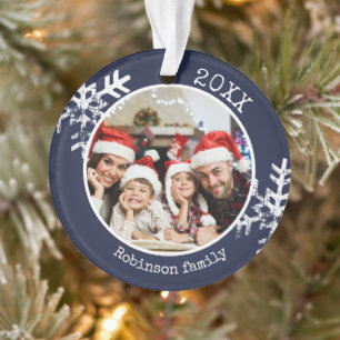 Rustic Snowflake Navy Blue Photo Christmas Ornament