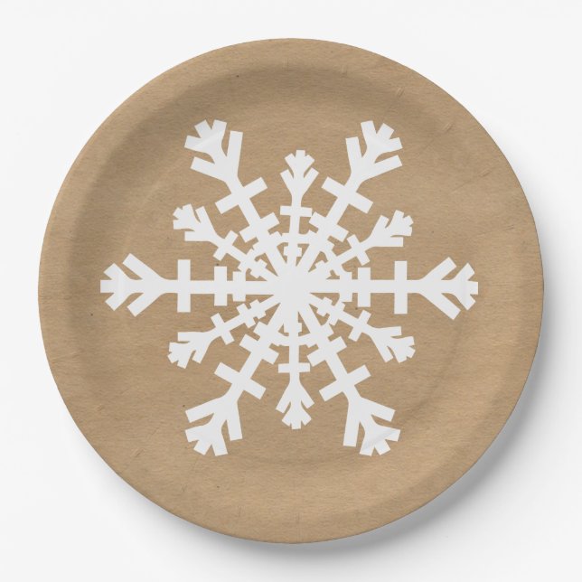 Rustic Snowflake on Kraft Paper Look Paper Plate (Front)