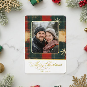 Rustic Snowflake Plaid Photo Merry Christmas Foil Holiday Card