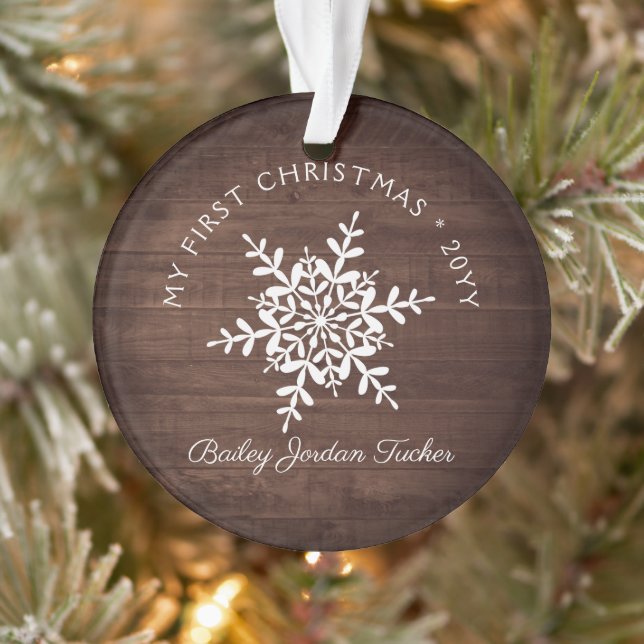 Rustic Snowflakes Baby First Christmas Birth Stats Ornament (Tree)