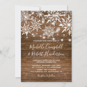 Rustic Snowflakes Barn Wood Winter Wedding Invitation