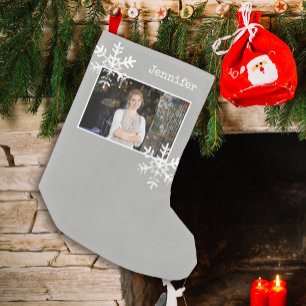Rustic Snowflakes Grey Custom Photo Christmas Small Christmas Stocking