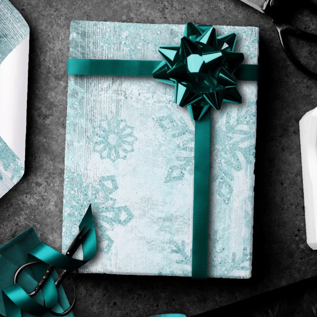 Rustic Snowflakes | Luxurious Turquoise Wood Plank Wrapping Paper (Creator Uploaded)
