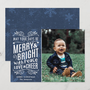 Rustic Snowflakes Merry and Bright Blue Photo Holiday Card