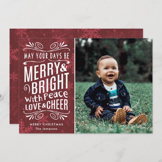 Rustic Snowflakes Merry and Bright Red | Photo Holiday Card (Front/Back)