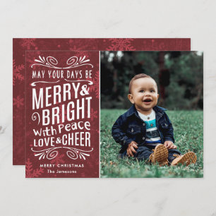 Rustic Snowflakes Merry and Bright Red Photo Holiday Card
