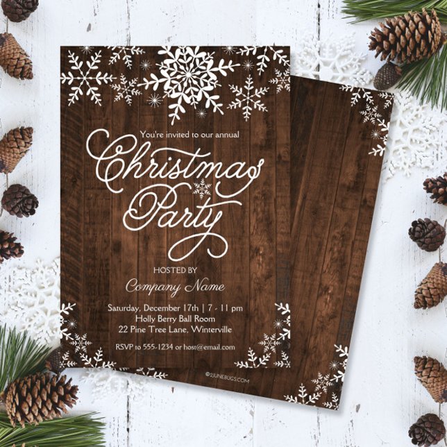 Rustic Snowflakes on Wood Christmas Party Invitation (Creator Uploaded)