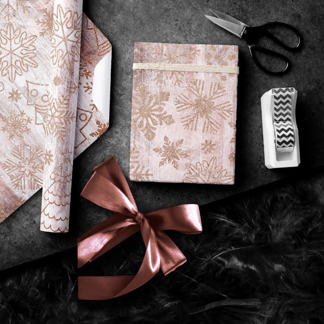 Rustic Snowflakes | Rose Gold Tree and Santa Claus Wrapping Paper (Creator Uploaded)