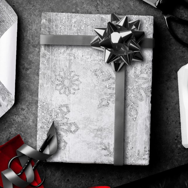 Rustic Snowflakes | Silver Grunge Wood Planks Wrapping Paper (Creator Uploaded)