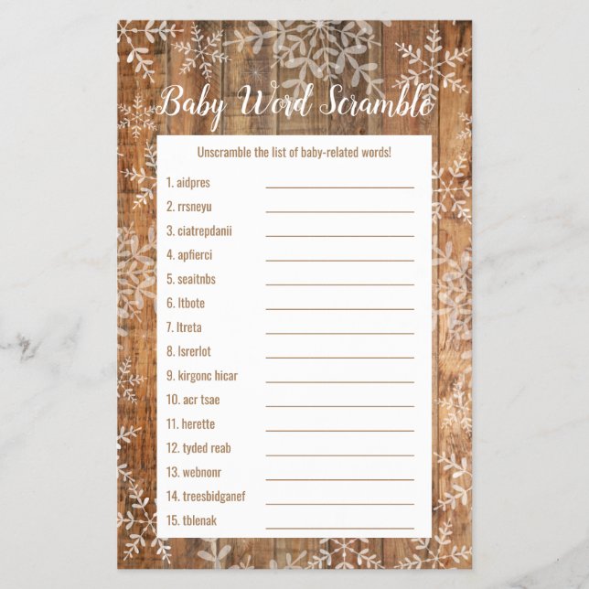 Rustic Snowflakes Winter Baby Shower Word Scramble Flyer (Front)