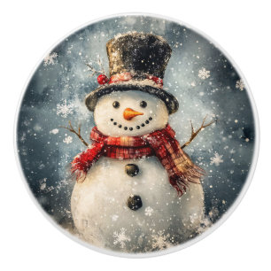 Rustic Snowman Illustration Christmas Ceramic Knob
