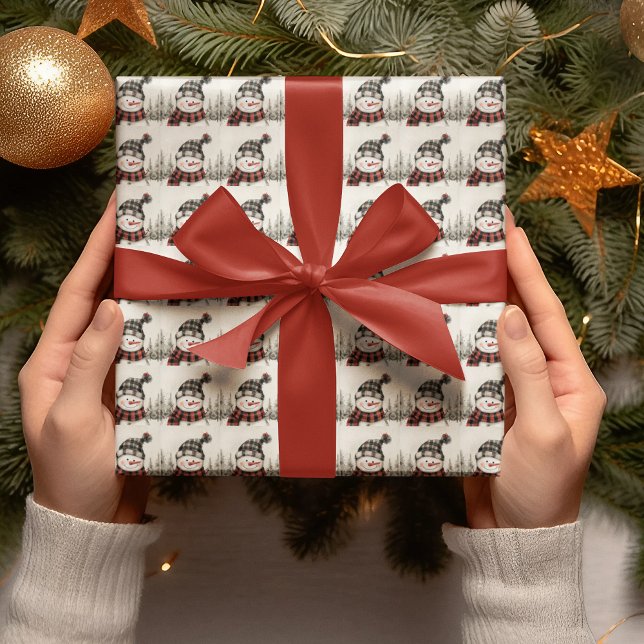 Rustic Snowman Plaid Christmas Personalized  Wrapping Paper (Creator Uploaded)