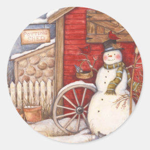 Rustic Snowman Winter Scene Classic Round Sticker
