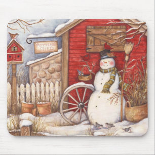 Rustic Snowman Winter Scene Mouse Mat
