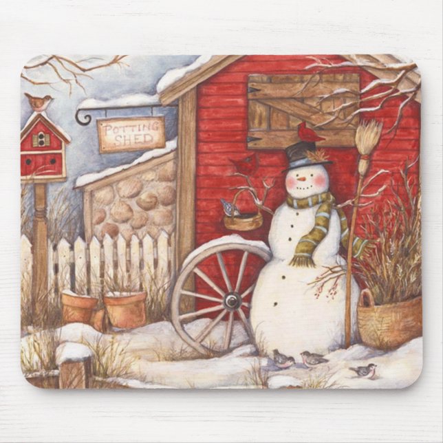 Rustic Snowman Winter Scene Mouse Mat (Front)