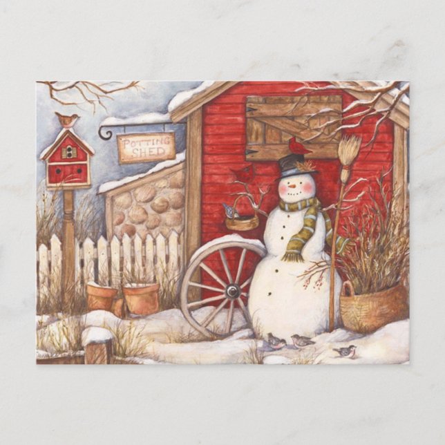 Rustic Snowman Winter Scene Postcard (Front)