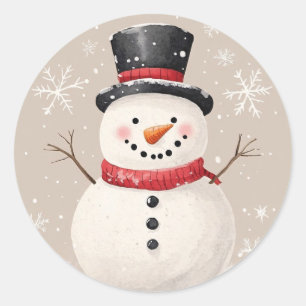 Rustic Snowman with Snowflakes Illustration Classic Round Sticker