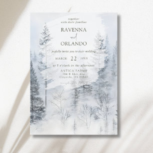 Rustic Snowy Forest Mountain Watercolor Wedding Invitation