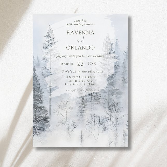 Rustic Snowy Forest Mountain Watercolor Wedding Invitation (Creator Uploaded)