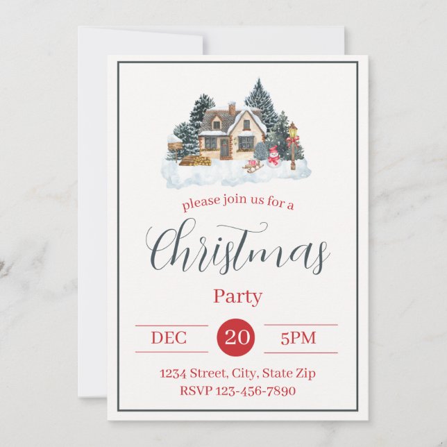 Rustic Snowy House Holiday Invitation | Winter (Front)