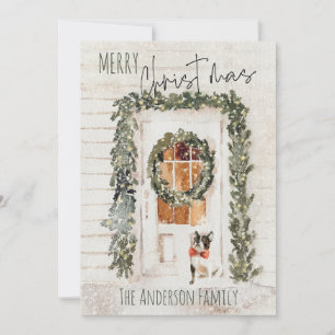 Rustic Snowy Merry Christmas Wreath Front Door Dog Holiday Card