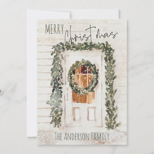 Rustic Snowy Merry Christmas Wreath Front Door Holiday Card (Front)