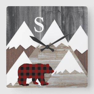 Rustic Snowy Mountains Buffalo Check Bear Monogram Square Wall Clock