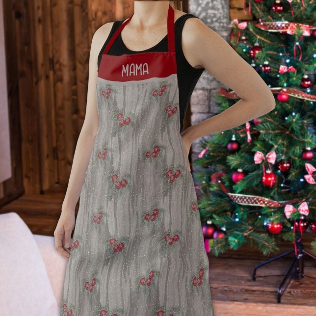 Rustic Snowy Red Berries Christmas Custom Name Apron (Creator Uploaded)