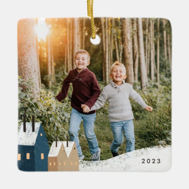 Rustic Snowy Village Scene Photo Ceramic Ornament (Front)